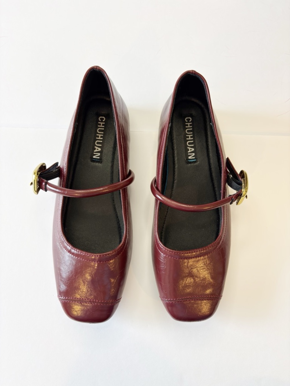 Chuhuan Mary Jane Flats Burgundy Square Toe Strap Buckle Size 37 - Picture 3 of 13